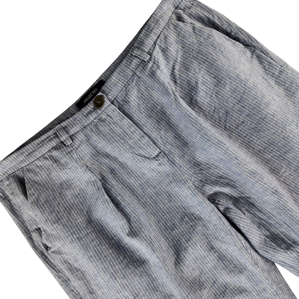 Smart Set Trousers Women 10 Blue Pinstripe Relaxed Fit Linen Cotton